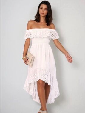 HYFVE Off-Shoulder White Eyelet High-Low Dress